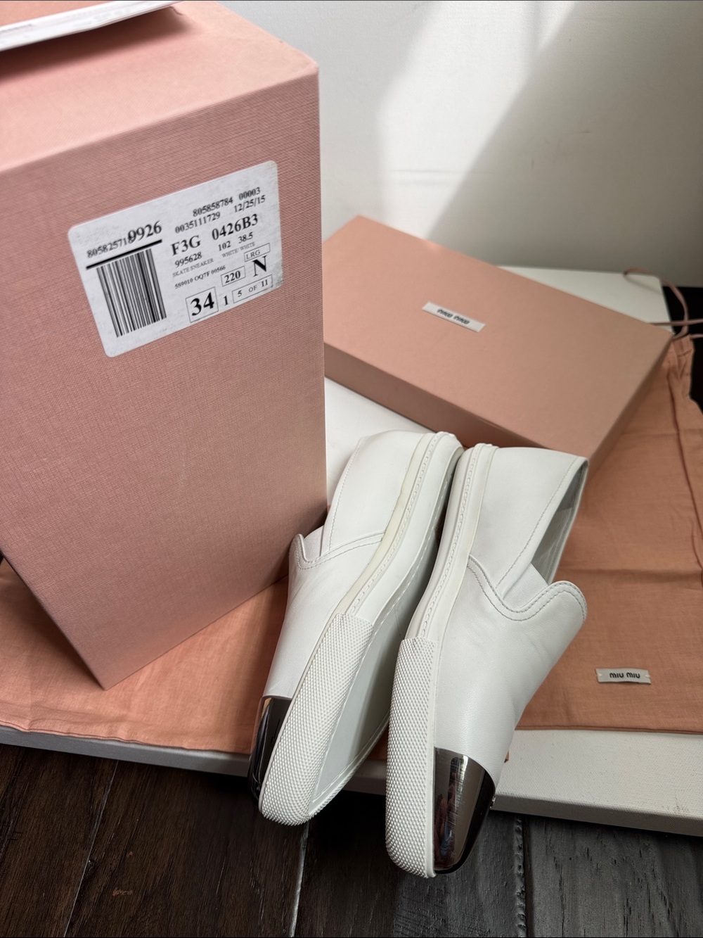 Miu Miu White Skate Sneaker Leather Slip-On Loafers with Silver Cap Toes | 38.5 - Picture 7 of 11